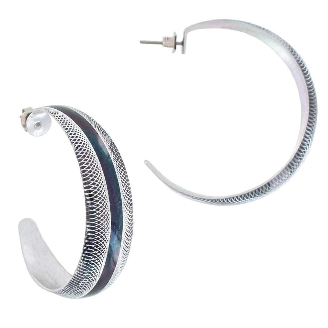Pierced Hoop Earrings Silver Tone  1 3/4" Black Stripe