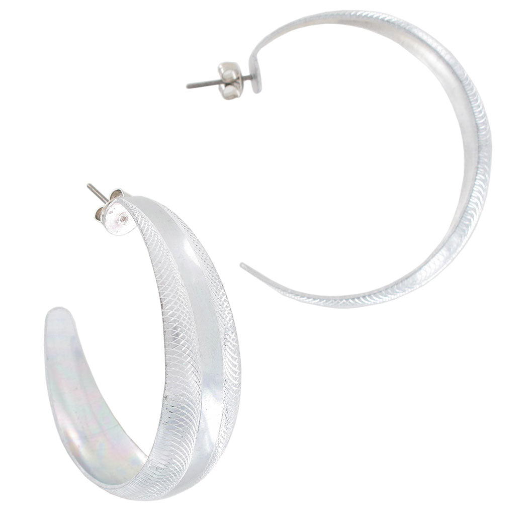 Pierced Hoop Earrings Silver Tone  1 3/4" Silver Stripe