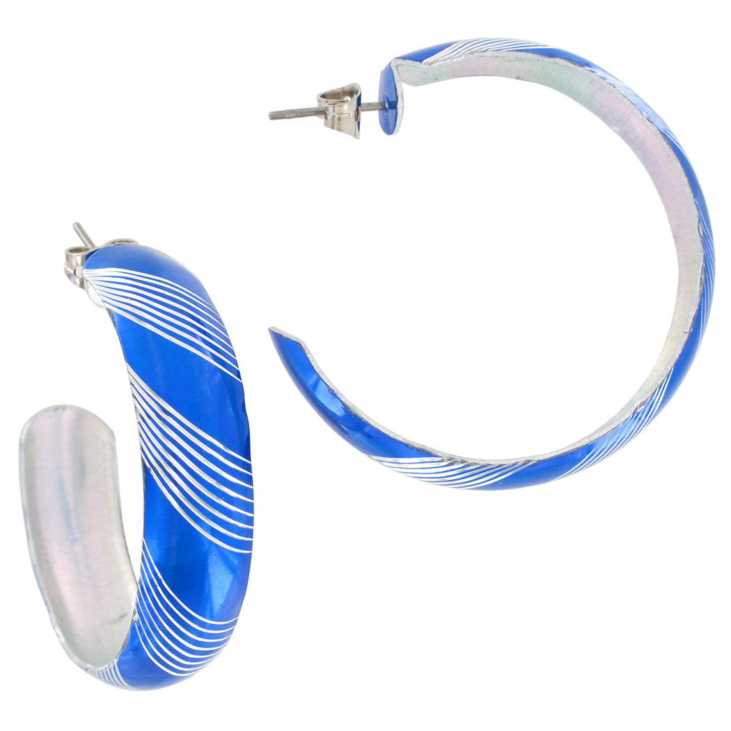 Pierced Hoop Earrings Silver Tone  Diagonal Stripe 1 1/2" Blue