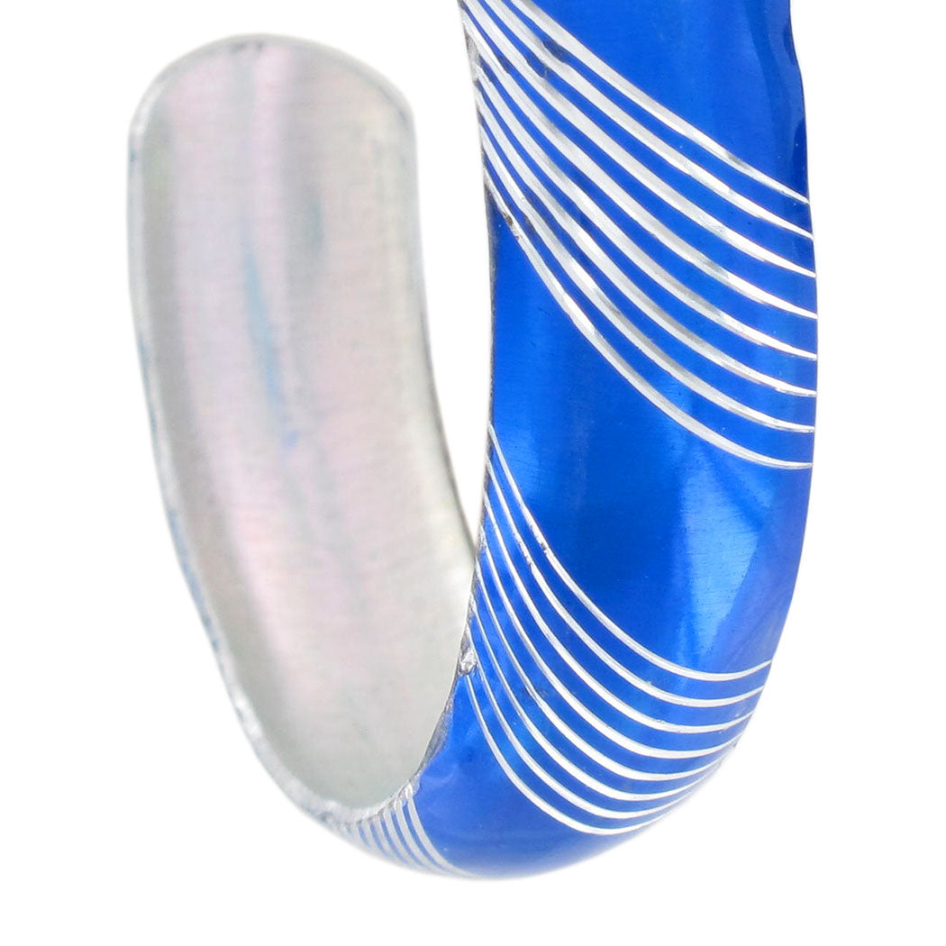 Pierced Hoop Earrings Silver Tone  Diagonal Stripe 1 1/2" Blue