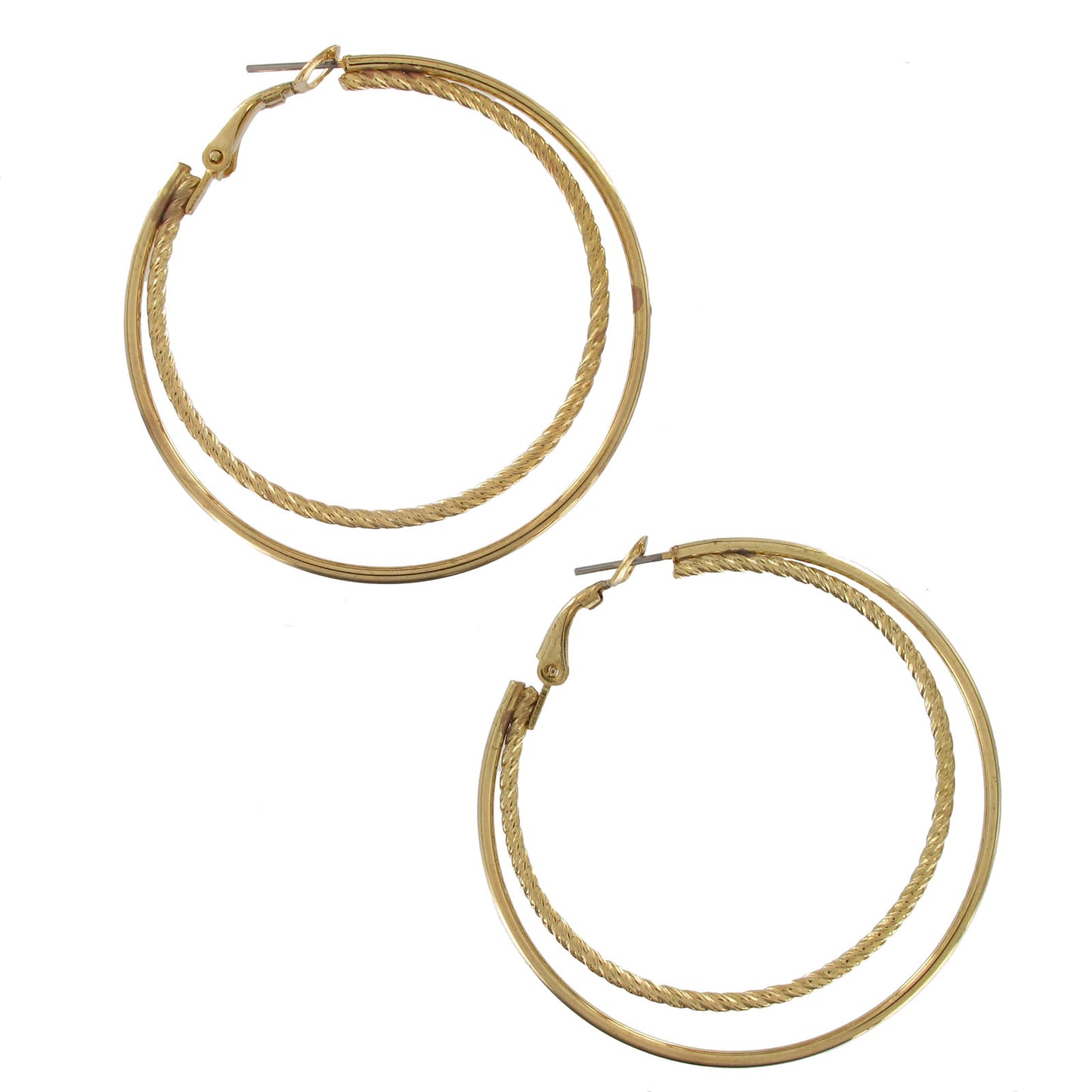 Gold Tone Twisted Double Hoop Earrings 2" Hypo Allergenic Post
