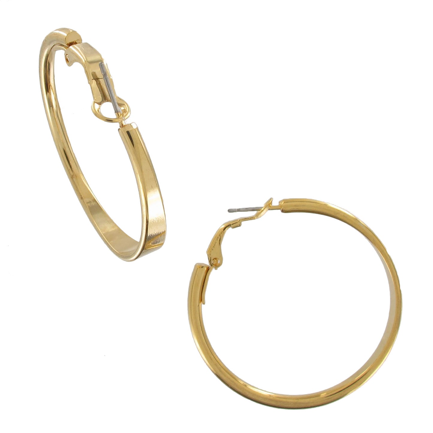 Shiny Gold Tone Classic Round Hoop Earrings Pierced  1 3/8" Surgical Steel Post