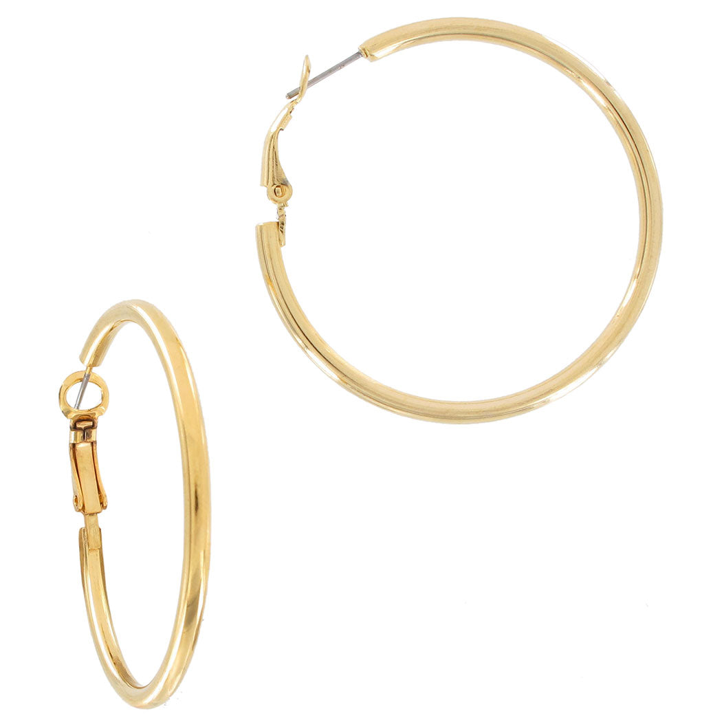 Shiny Plain Gold Tone Hoop Earrings 1 3/4" Surgical Steel Post
