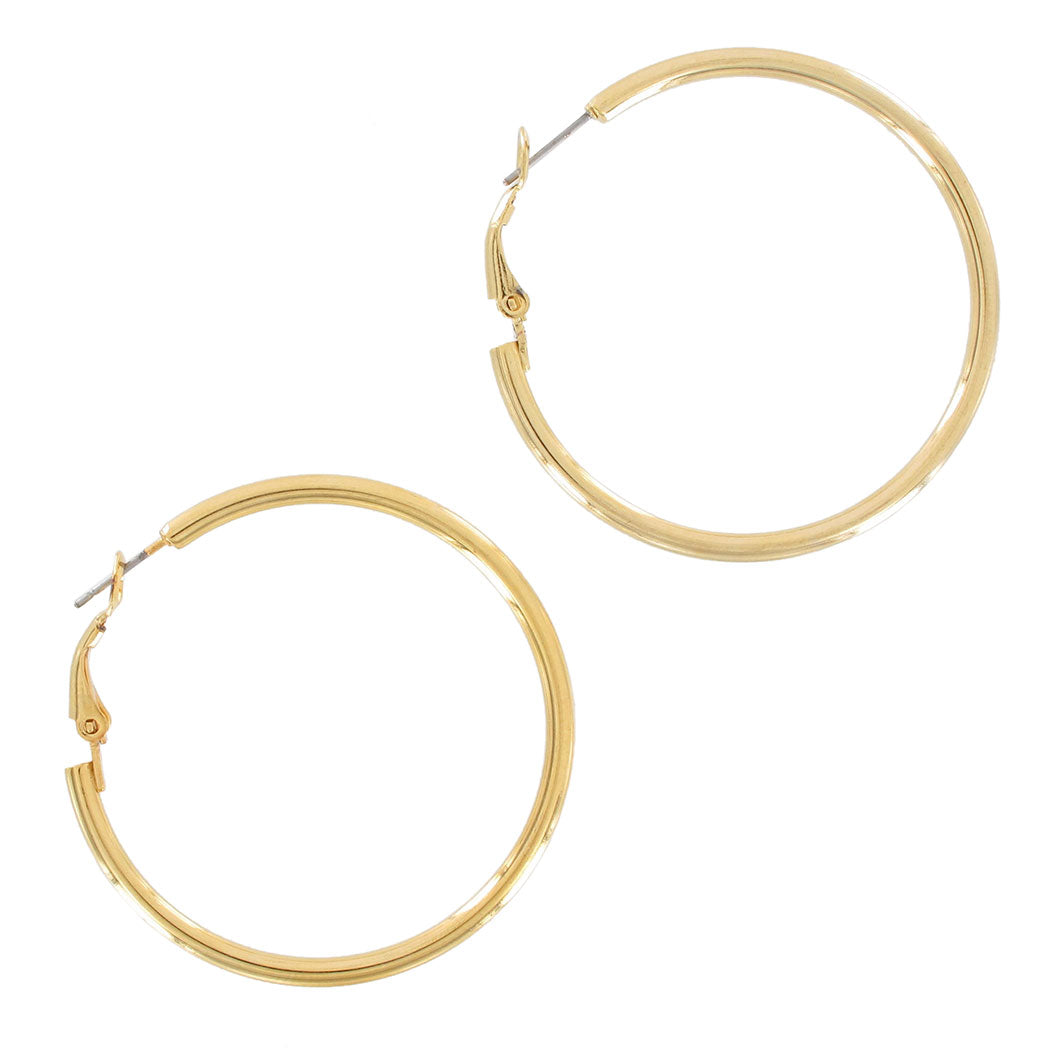 Shiny Plain Gold Tone Hoop Earrings 1 3/4" Surgical Steel Post