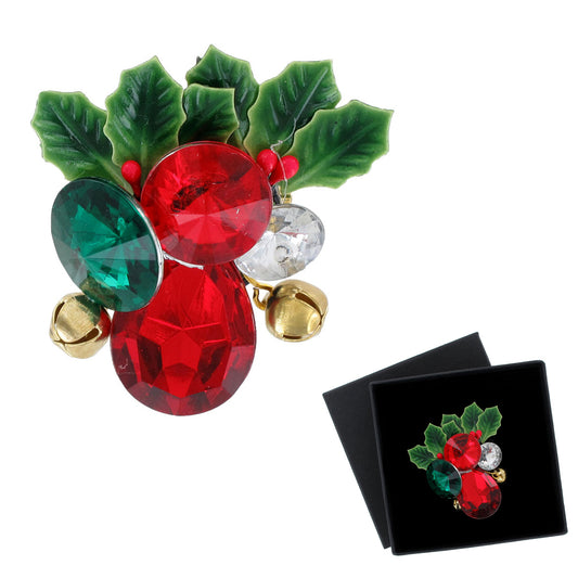 Holiday Christmas Red Green White Jeweled Jingle Bell Holly Brooch Pin 1 3/4"