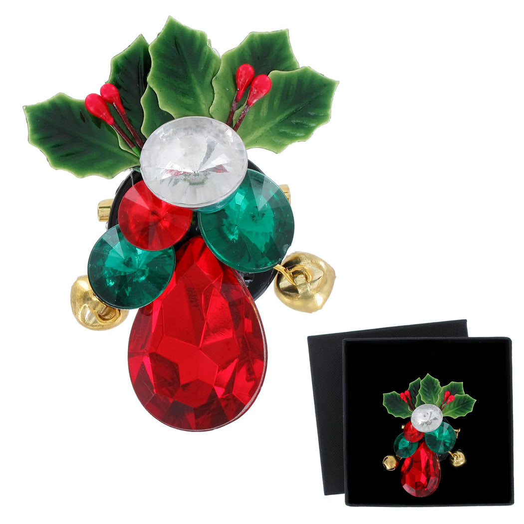 Bedazzling Jingle Bell Holly Christmas Pin Brooch Green Red Clear Jewel