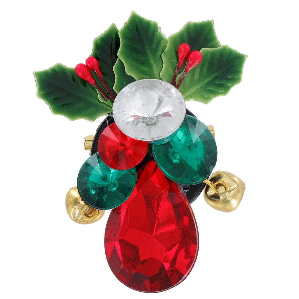 Bedazzling Jingle Bell Holly Christmas Pin Brooch Green Red Clear Jewel