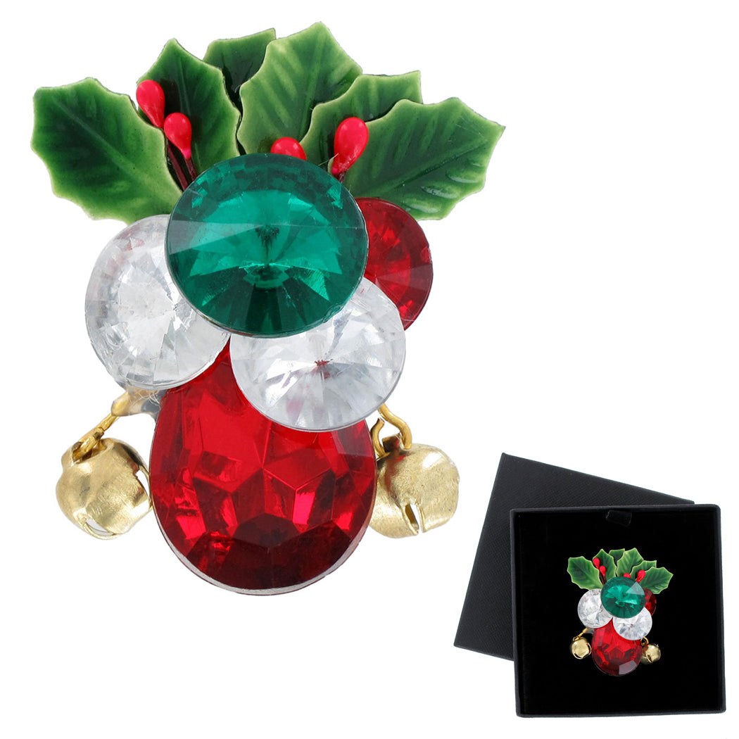 Holiday Jingle Bell Holly Christmas Pin Brooch Multicolor Rhinestones 1 3/4"