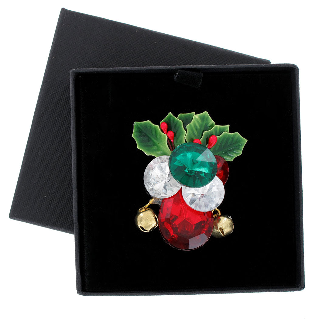 Holiday Jingle Bell Holly Christmas Pin Brooch Multicolor Rhinestones 1 3/4"