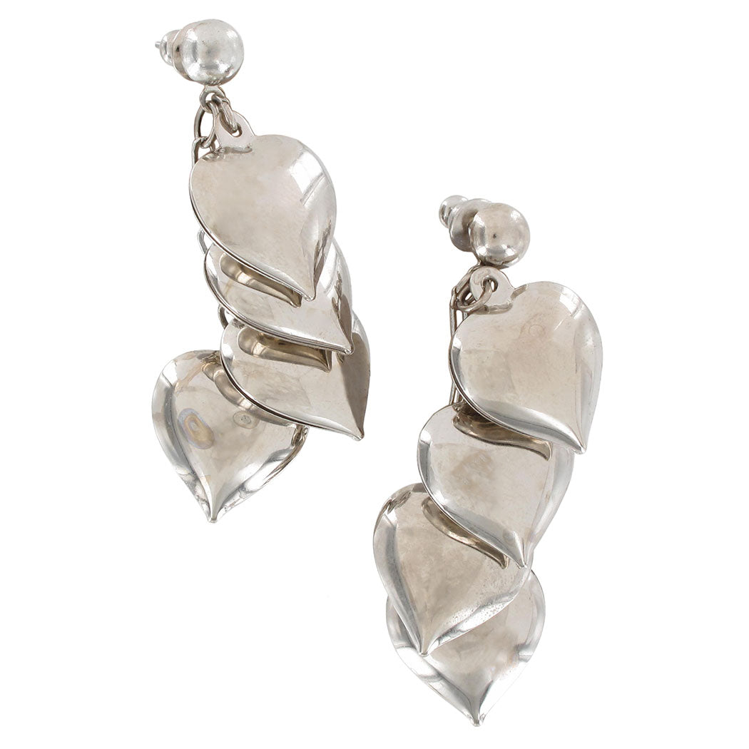 Multiple Heart Charms Dangle Chandelier Silver Tone Pierced Earrings 2" Vintage