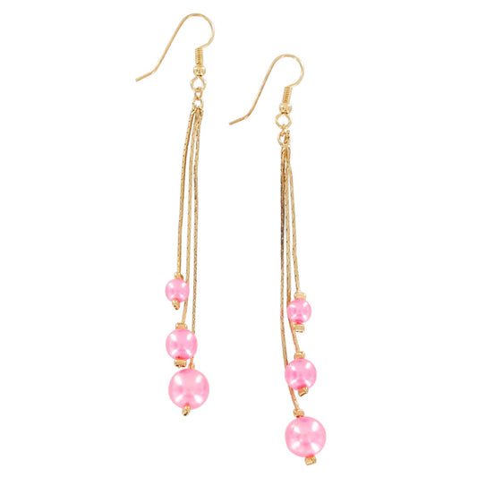 Pink Faux Pearl Beaded Gold Tone Chain Dangle Duster Pierced Earrings 3 7/8"