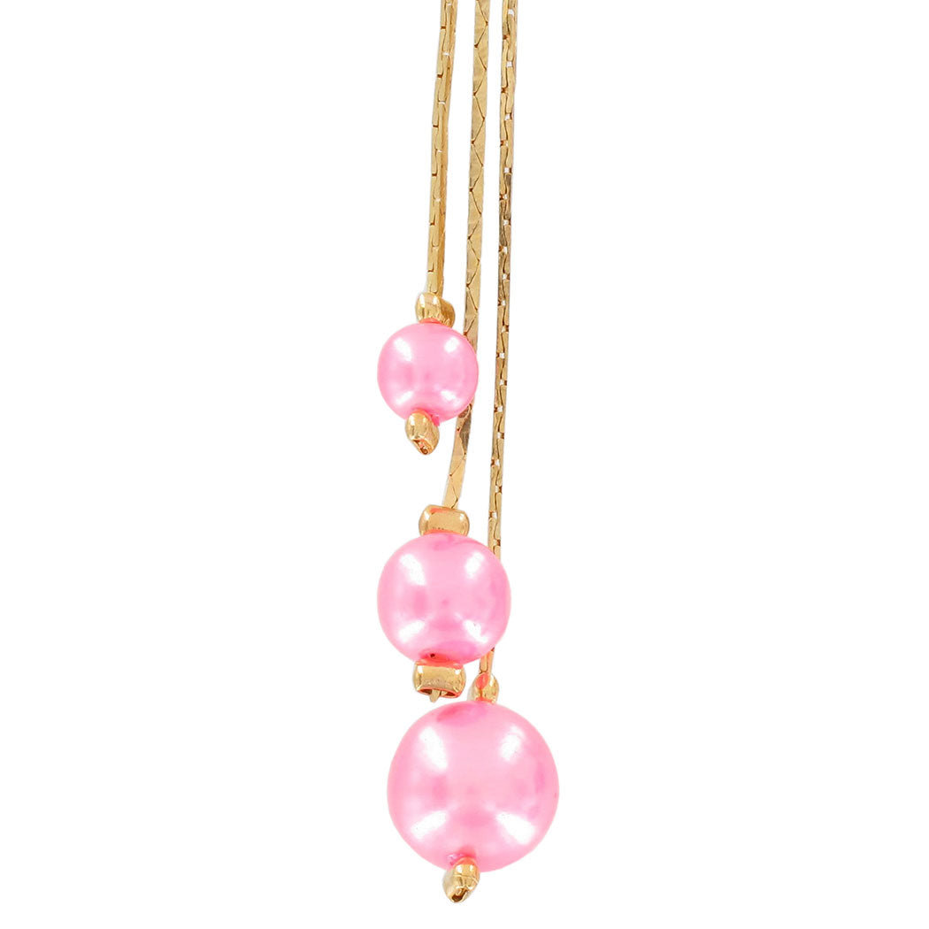 Pink Faux Pearl Beaded Gold Tone Chain Dangle Duster Pierced Earrings 3 7/8"