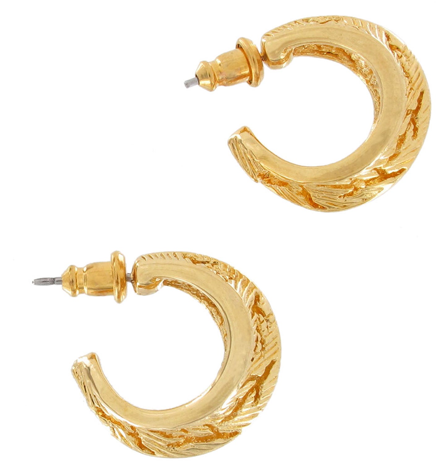 Classic 3/4" Hoop Earrings With Branch Design Pierced - Gold Tone