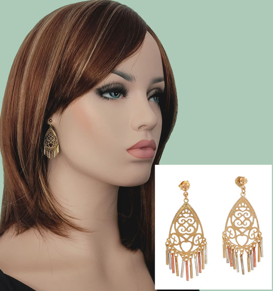 Exotic  Tri Tone Gold Silver Copper Chandelier Earrings 1 3/4"