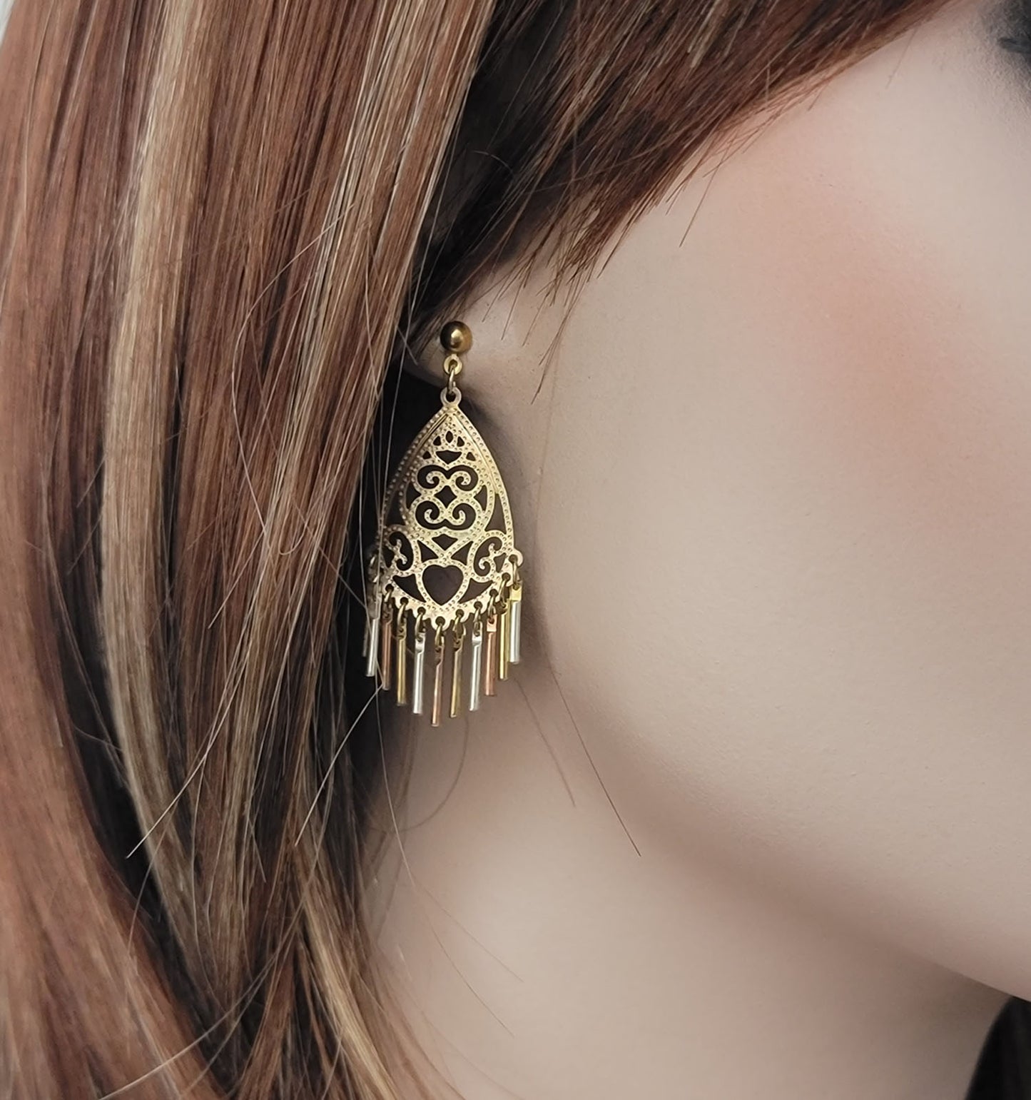 Exotic  Tri Tone Gold Silver Copper Chandelier Earrings 1 3/4"