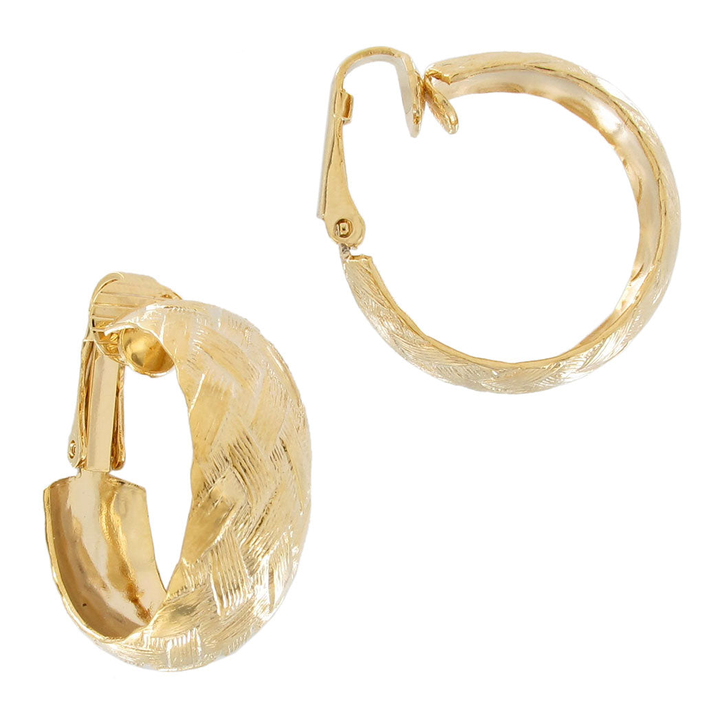Danecraft Gold Tone Woven Design Hoop Clip On Earrings 7/8"