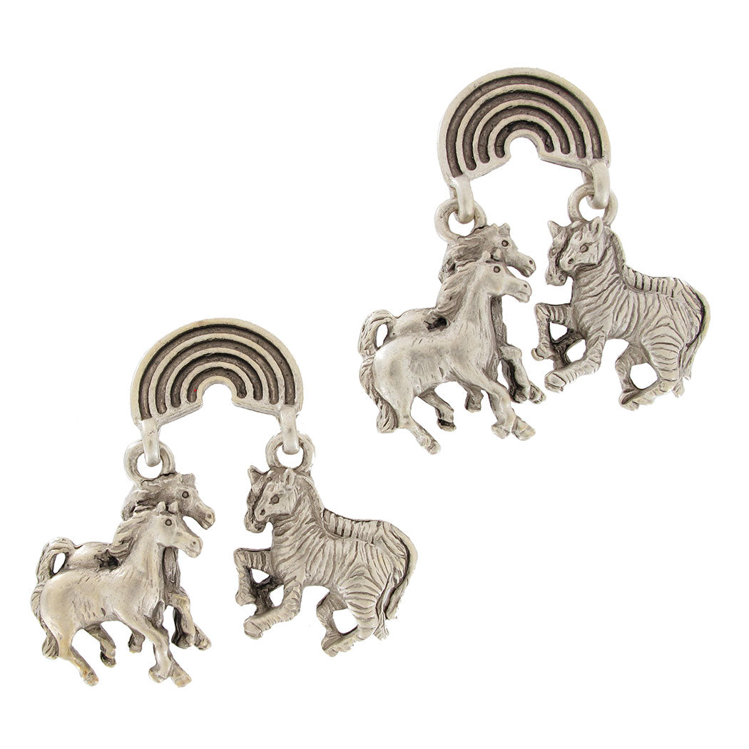 Matte Silver Pewter Tone Horse Zebra Dangle Pierced Earrings 1 1/2"