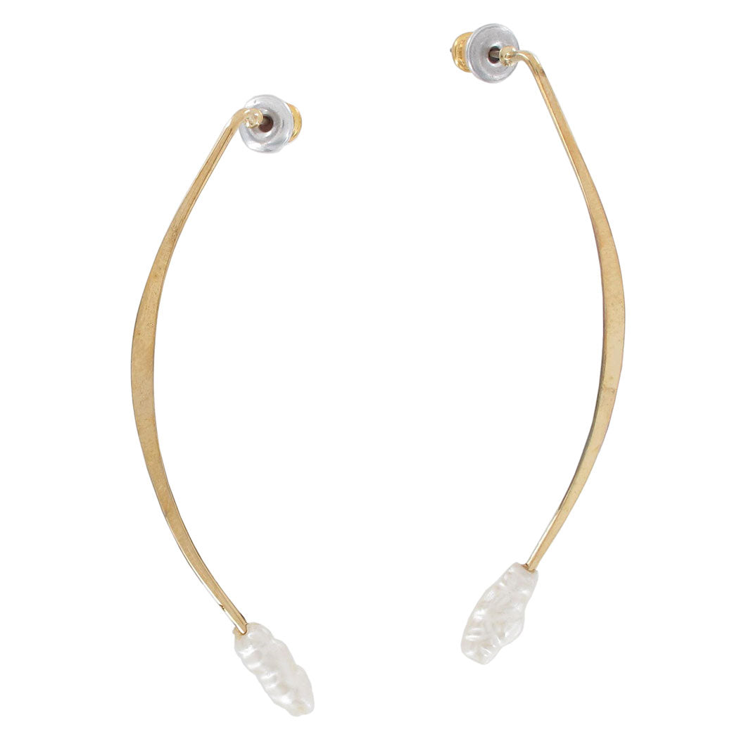 Curved Stick Earrings Faux Pearl Accent  2 1/4" - Gold Tone