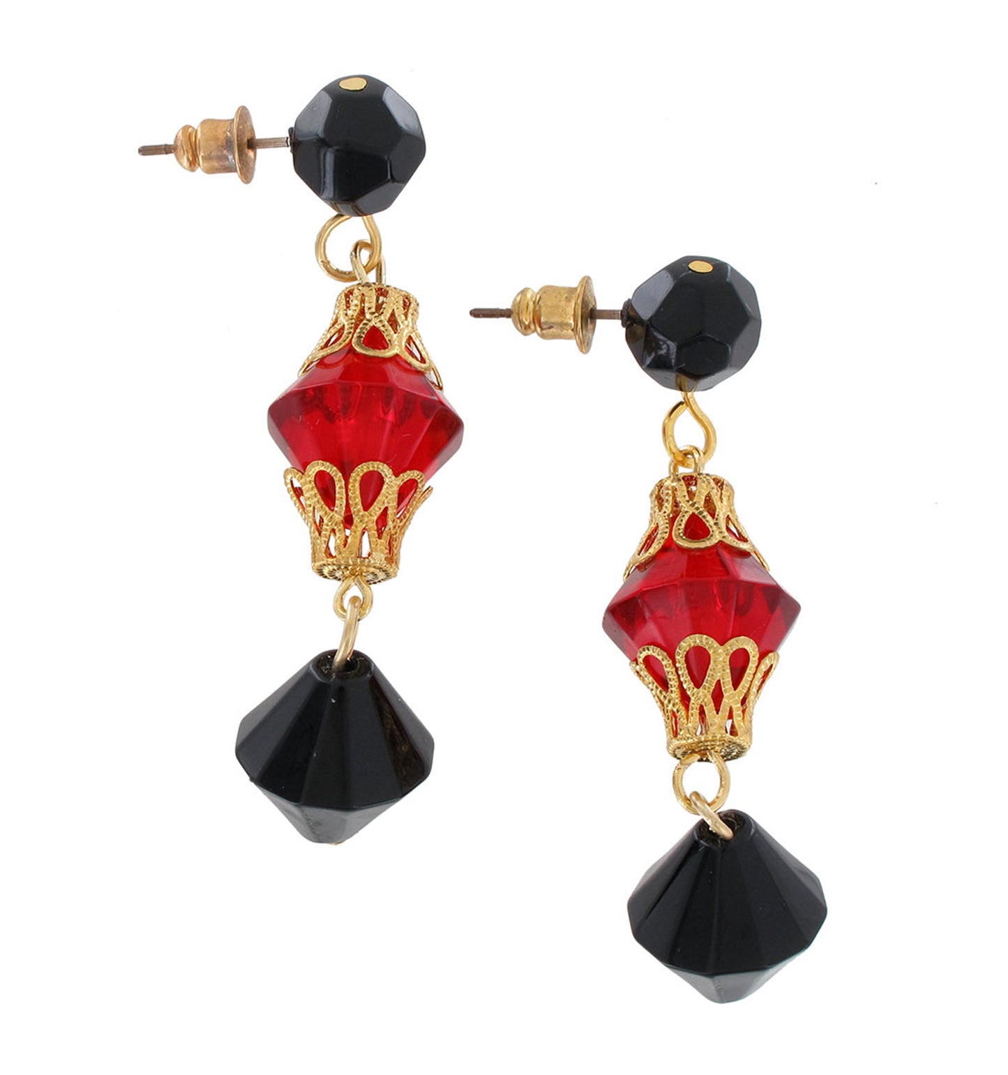 Red Black Beaded Gold Tone Dangle Chandelier Pierced Earrings Vintage 2 1/4"