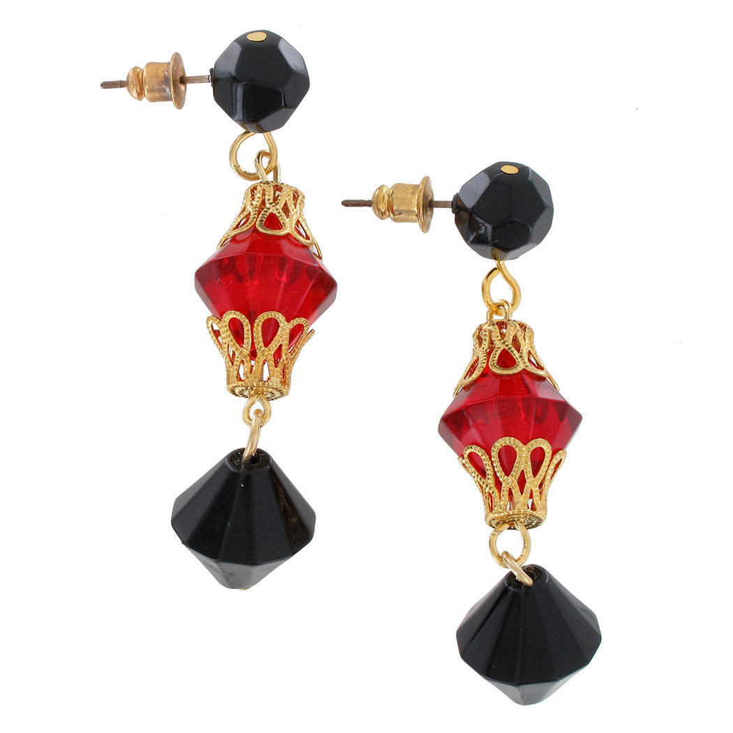 Red Black Beaded Gold Tone Dangle Chandelier Pierced Earrings Vintage 2 1/4"