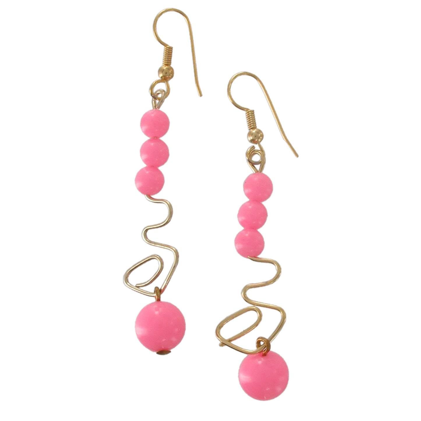 Pink Beaded Gold Tone Wire Drop Dangle Chandelier Pierced Earrings 1980s