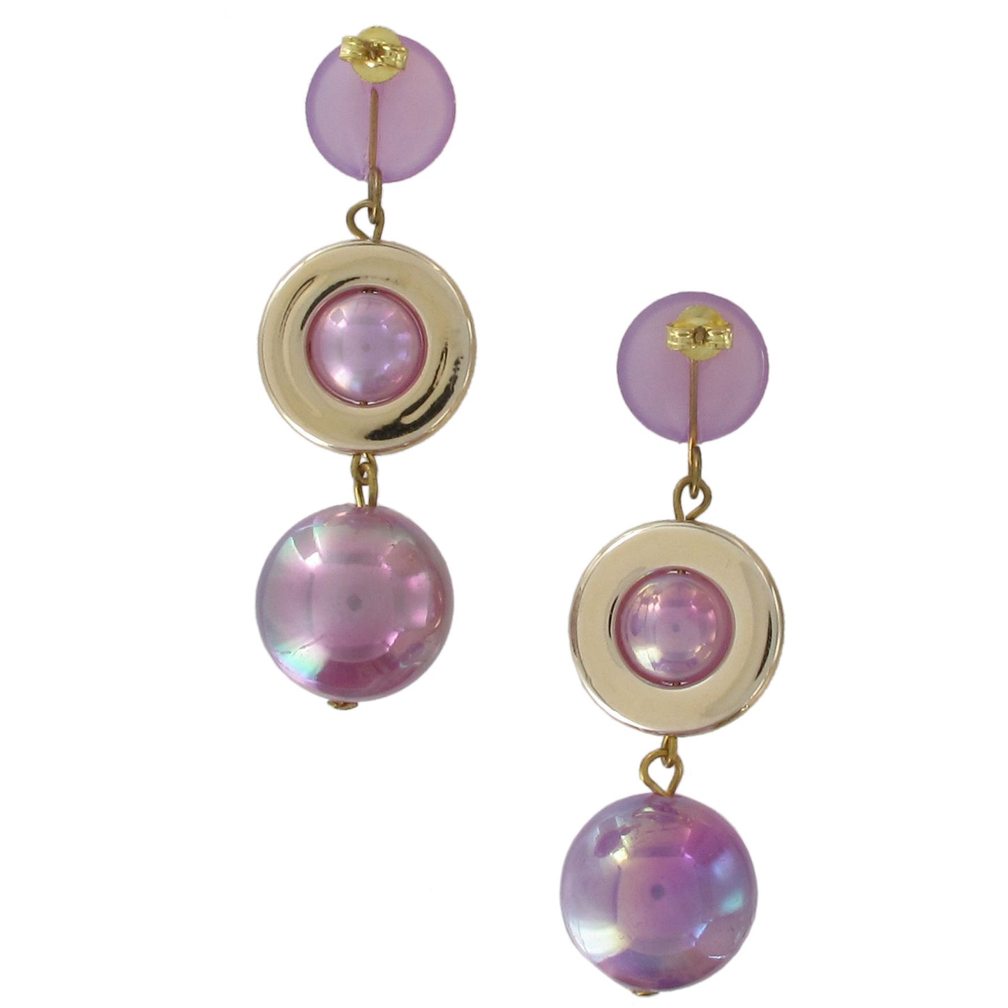 Purple Iridescent Beaded Drop Dangle Chandelier Gold Tone Pierced Earrings 1980s