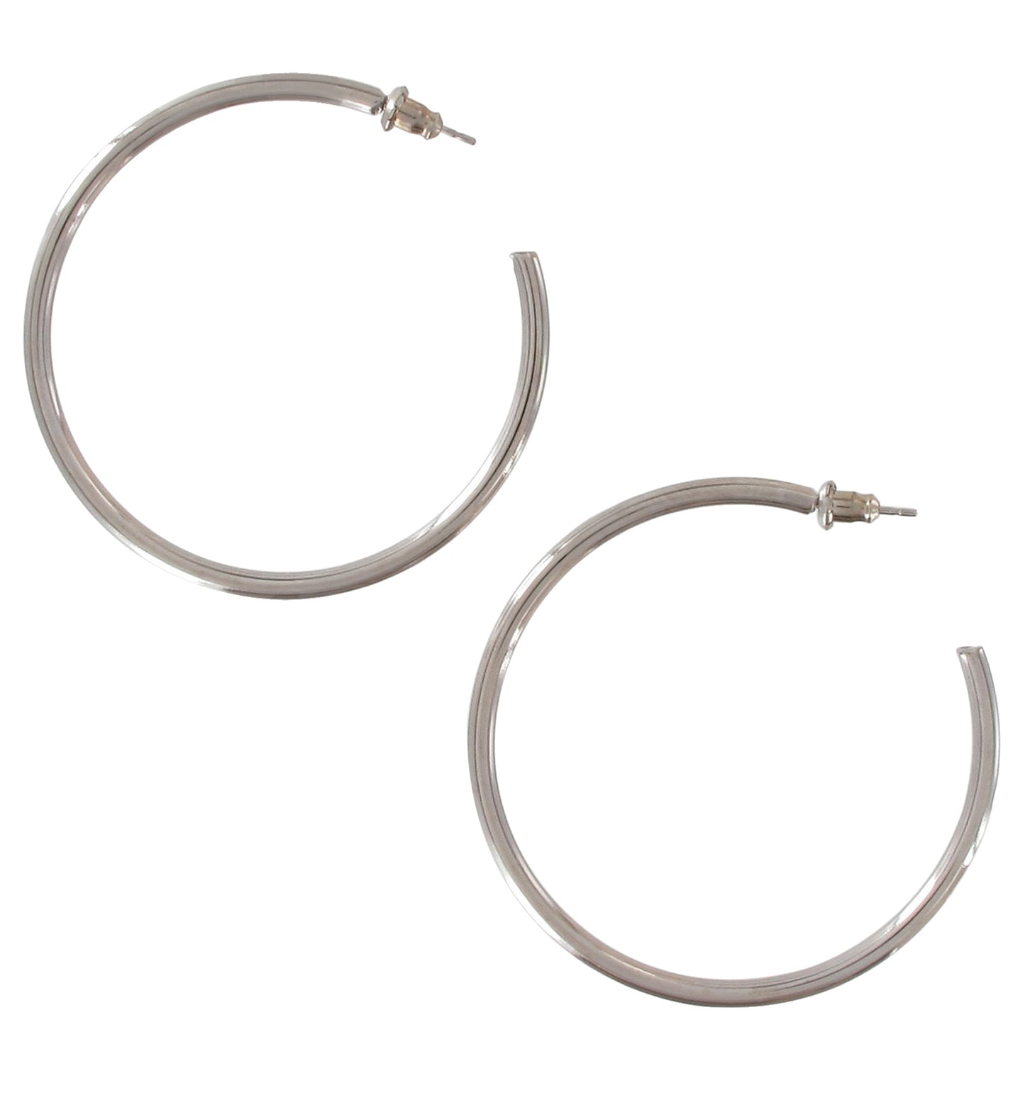 Classic Plain Wire Silver Tone Open Hoop Pierced Earrings 2"