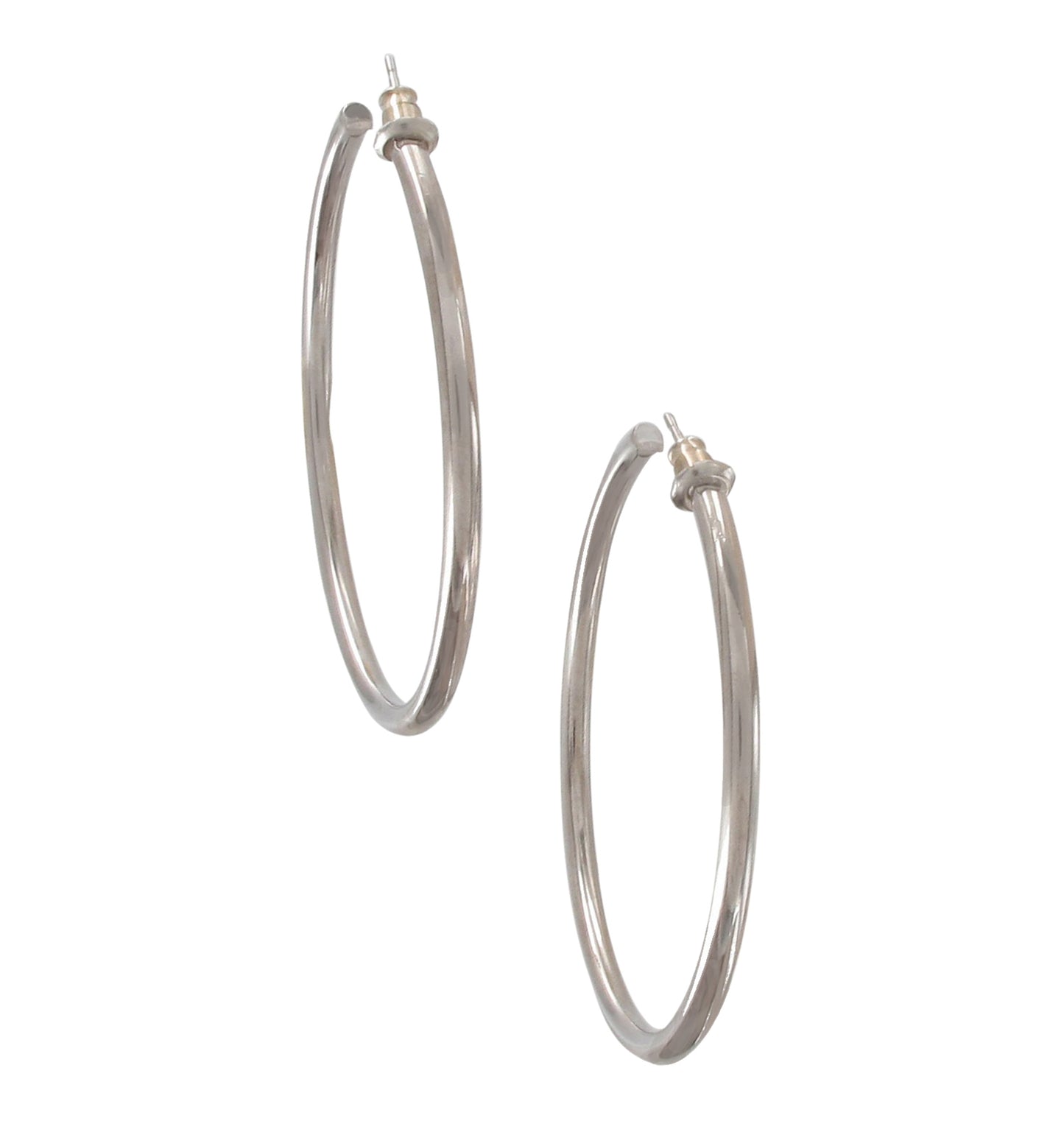 Classic Plain Wire Silver Tone Open Hoop Pierced Earrings 2"