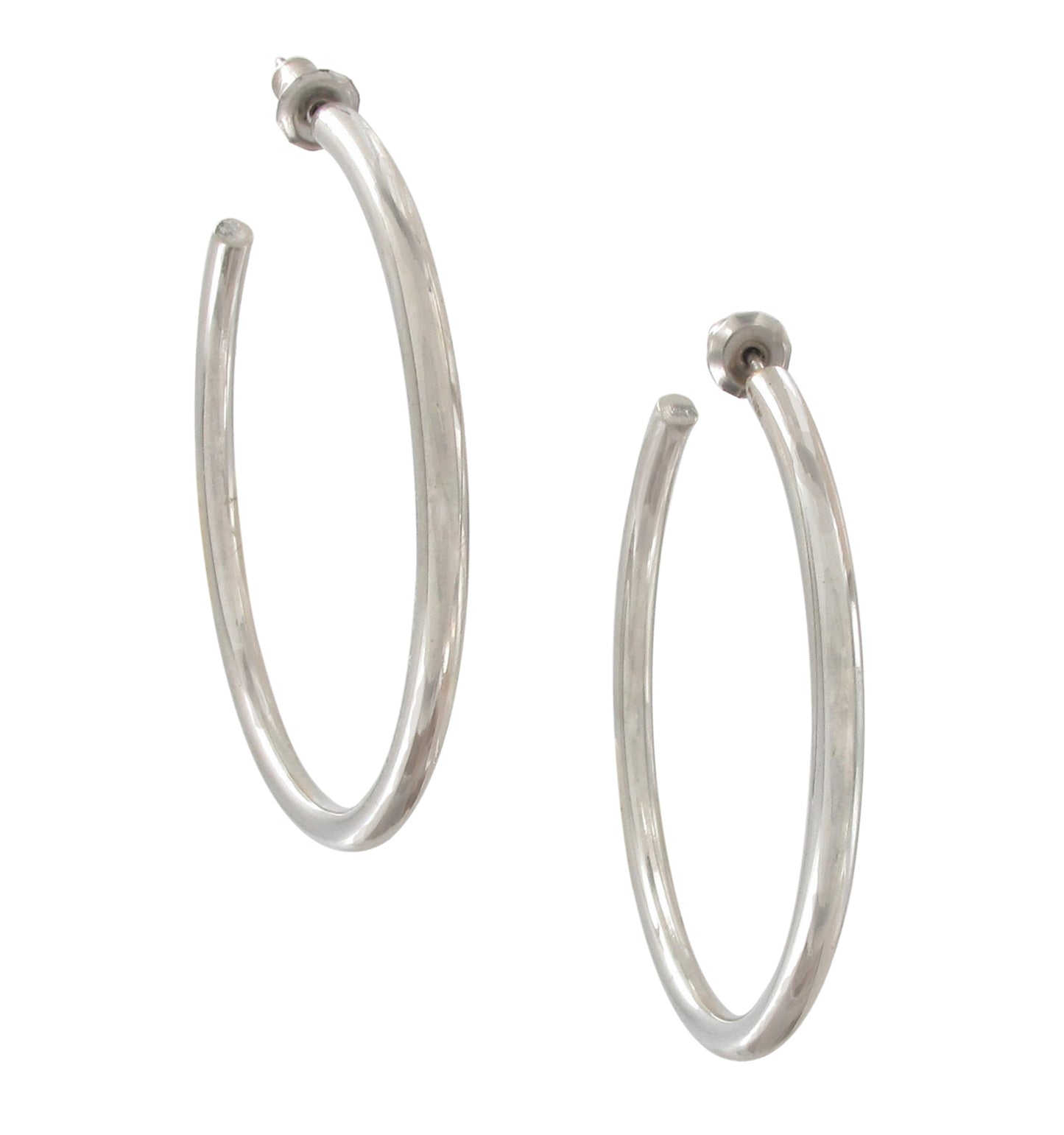 Classic Thin Plain Wire Silver Tone Round Hoop Earrings Pierced 1 5/8"
