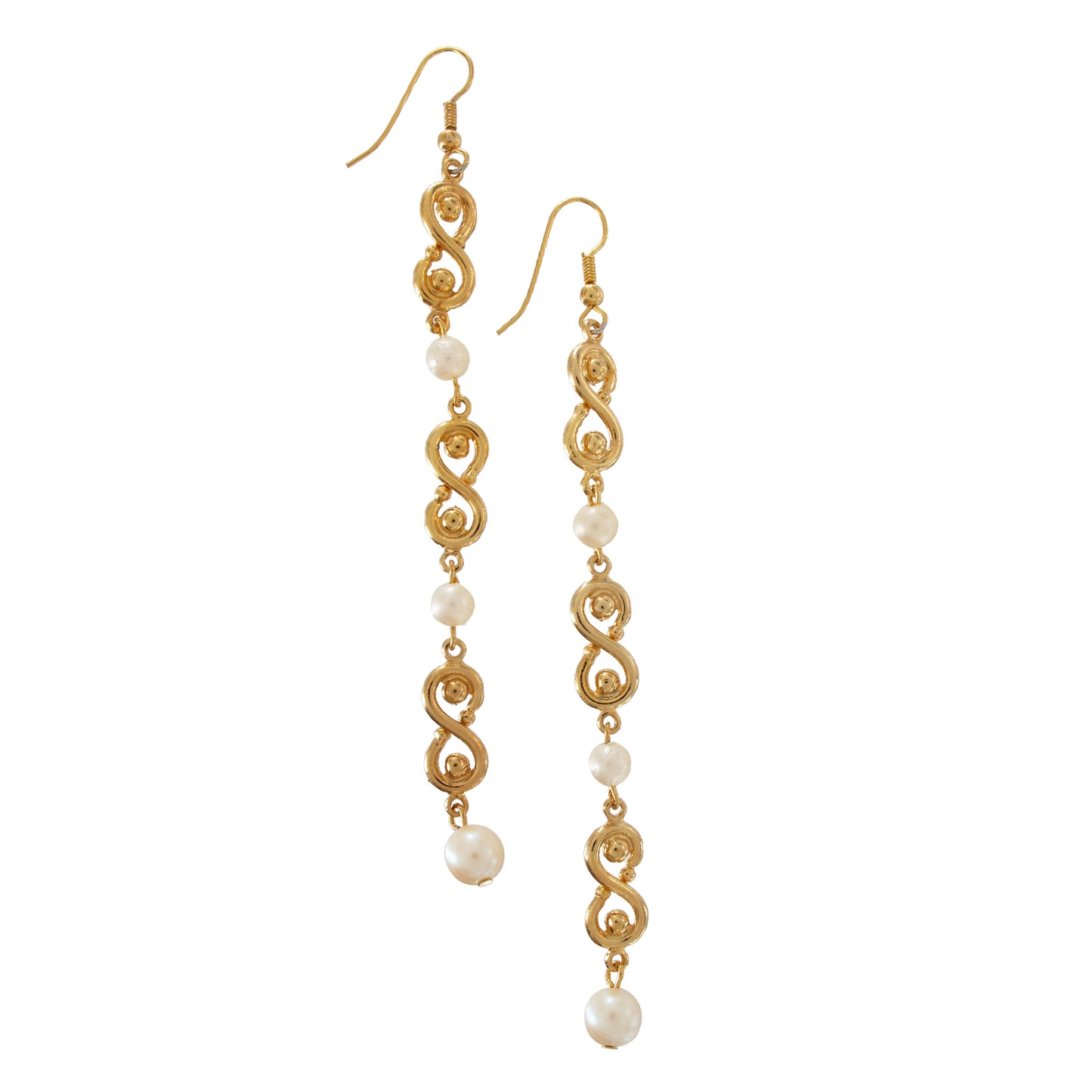 Long Gold Tone Faux Pearl Infinity Dangle Drop Earrings Pierced 4 1/2"