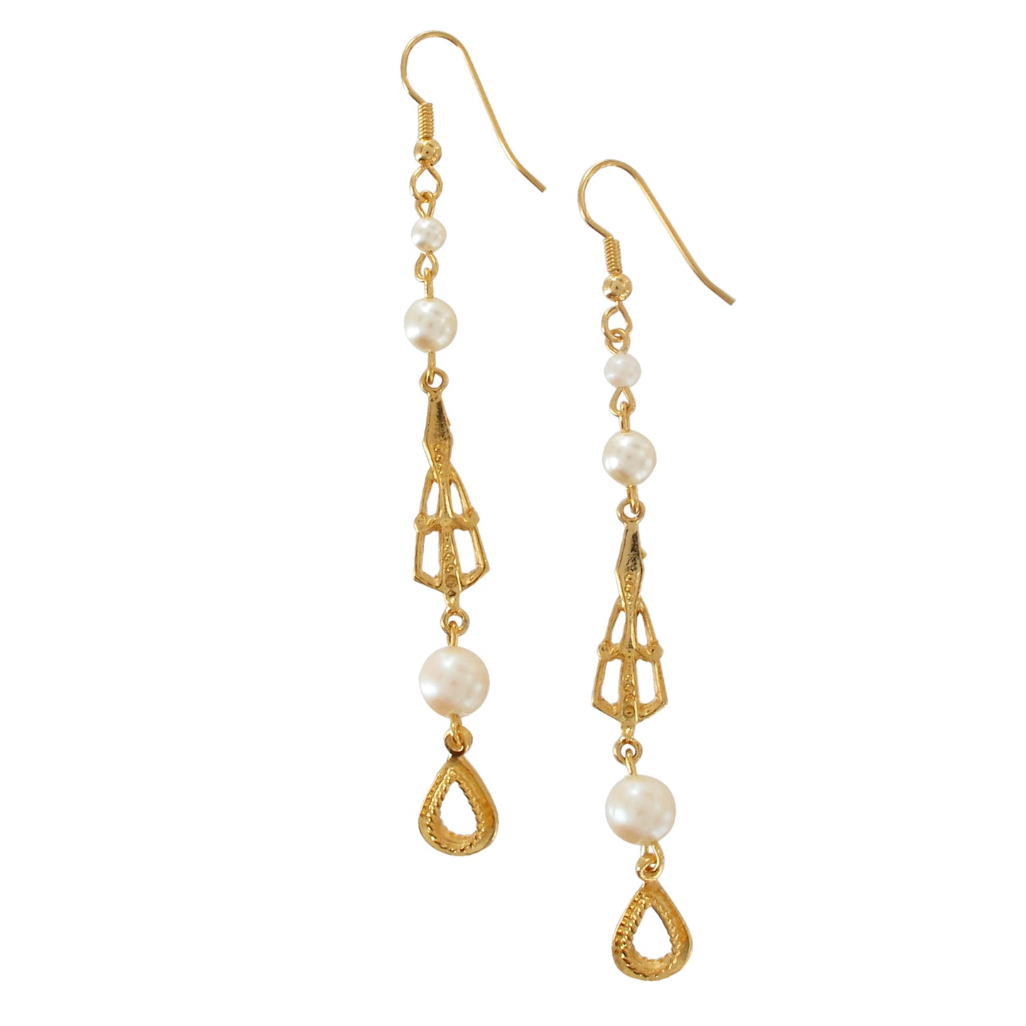 Long Faux Pearl Gold Tone Dangle Chandelier Earrings Victorian Style 3 3/4"