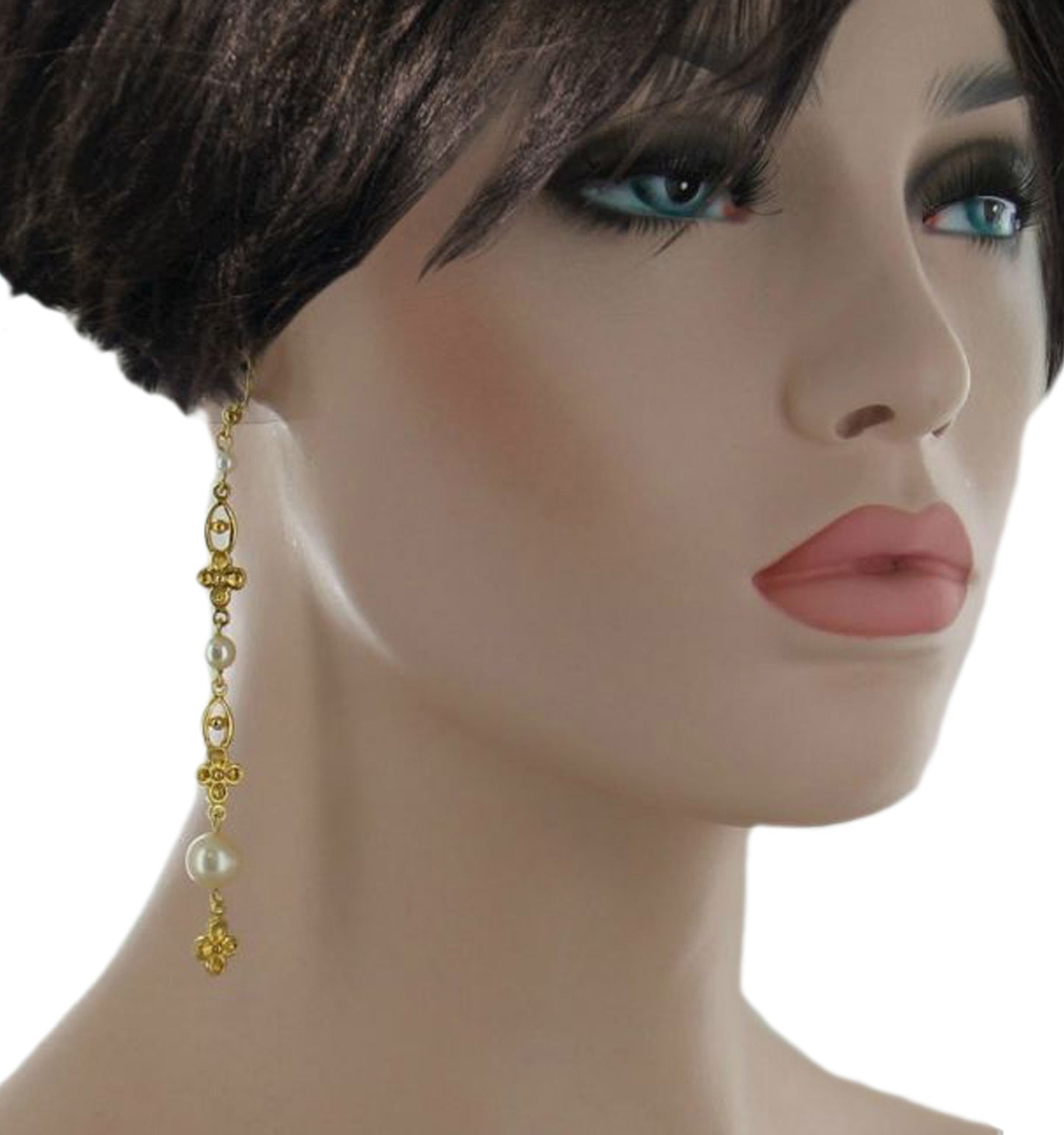 Long Duster Faux Pearl Gold Tone Dogwood Flower Dangle Pierced Earrings 4 1/4"