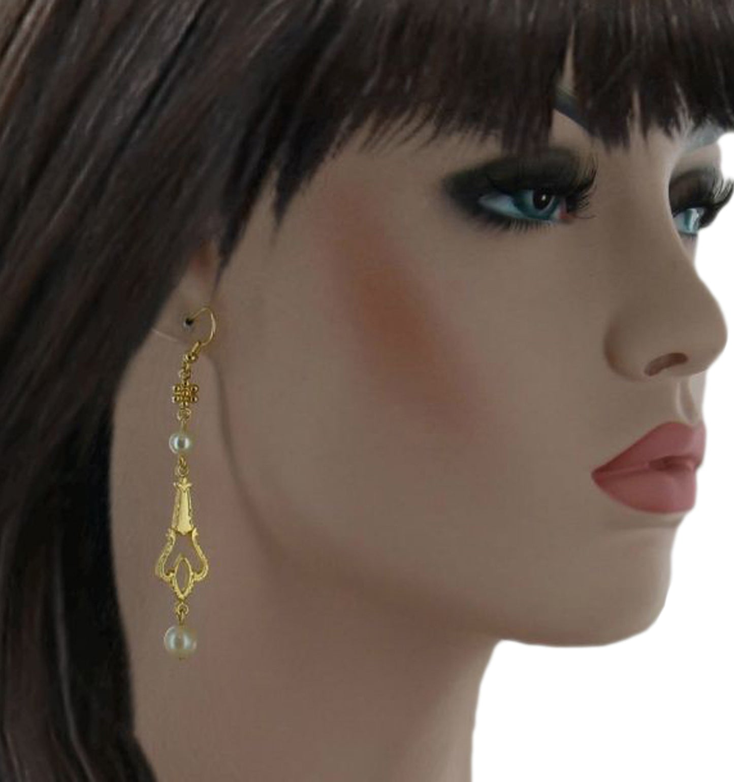 Long Duster Faux Pearl Gold Tone Floral Chandelier Pierced Earrings 3 1/4"