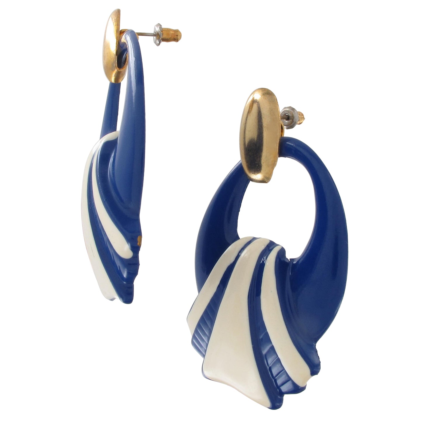 Vintage 1980s Doorknocker Pierced Earrings Navy Blue Cream Enamel Gold Tone
