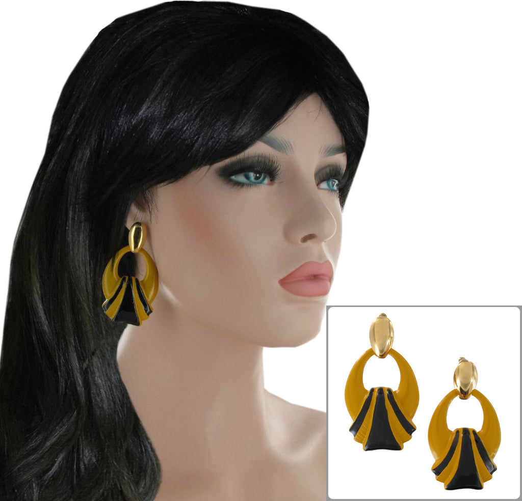 Large Chunky Doorknocker Pierced Earrings Yellow Black Enamel Gold Tone