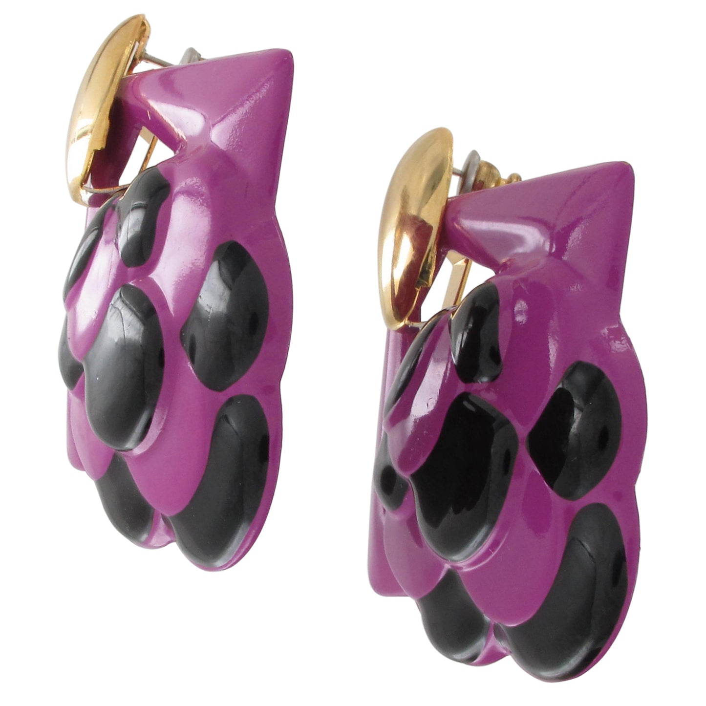 Vintage 1980s Doorknocker Dangle Pierced Earrings Purple Black Enamel Gold Tone