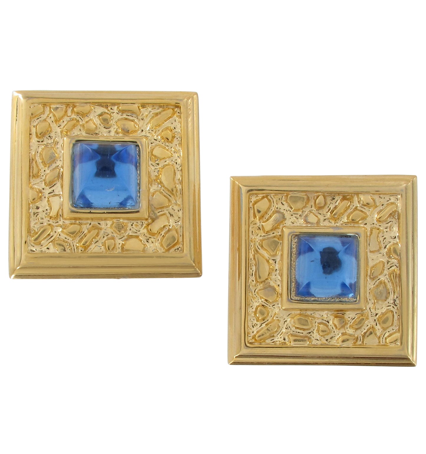 Square Blue Glass Jewel Gold Tone Button Clip On Earrings Vintage
