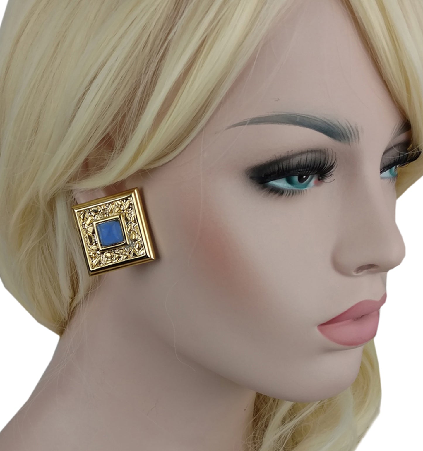 Square Blue Glass Jewel Gold Tone Button Clip On Earrings Vintage