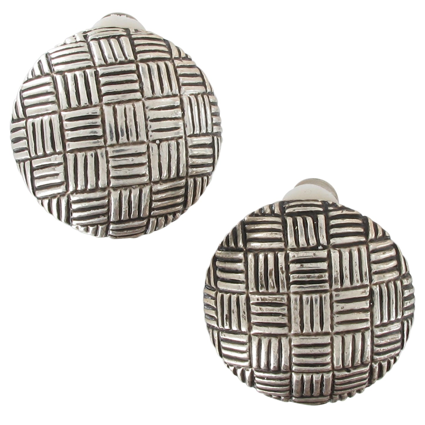 Silver Tone Abstract Circle Button Crosshatched Grid Black Enamel Clip Earrings
