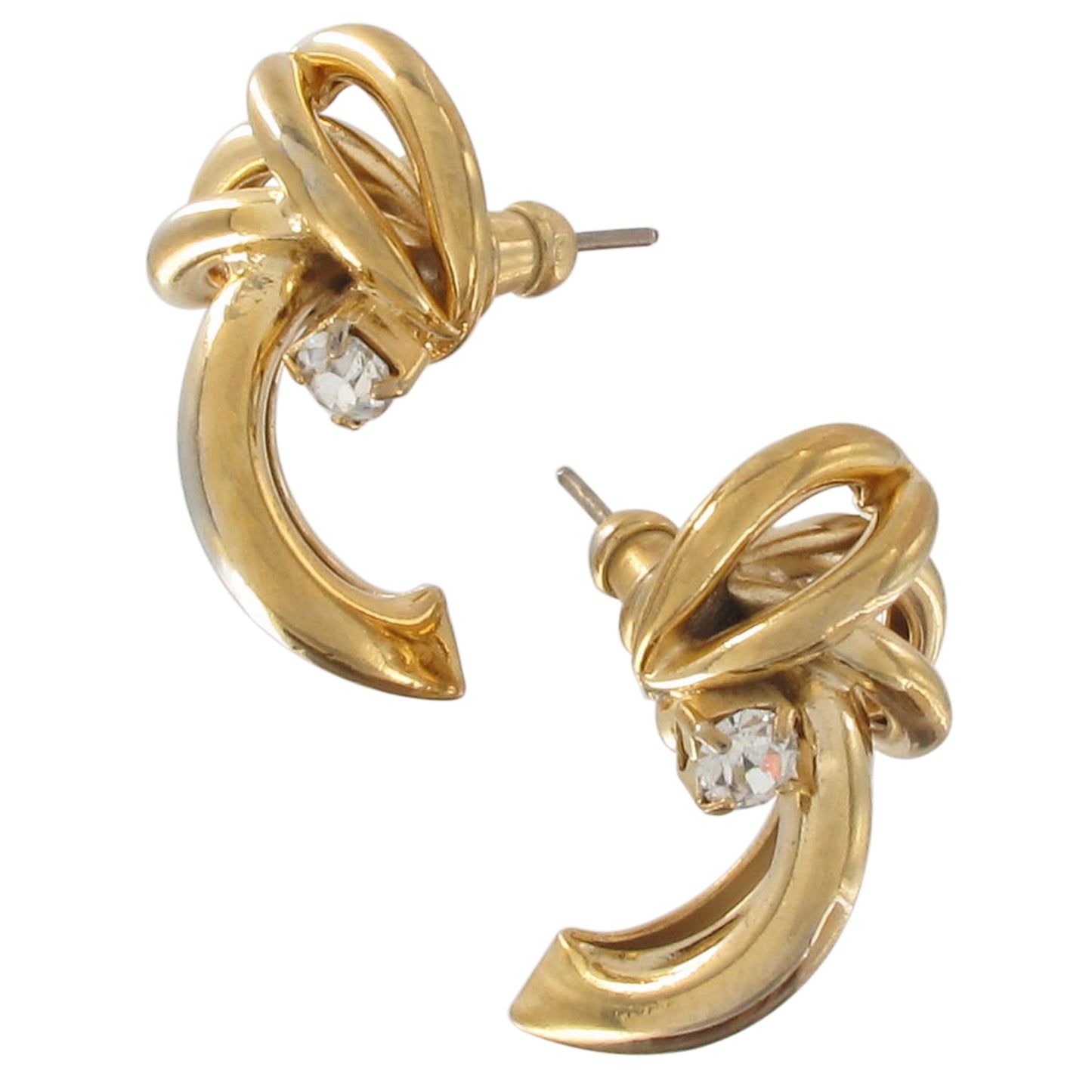 Clear Rhinestone Gold Tone Abstract Drop Pierced Earrings Vintage
