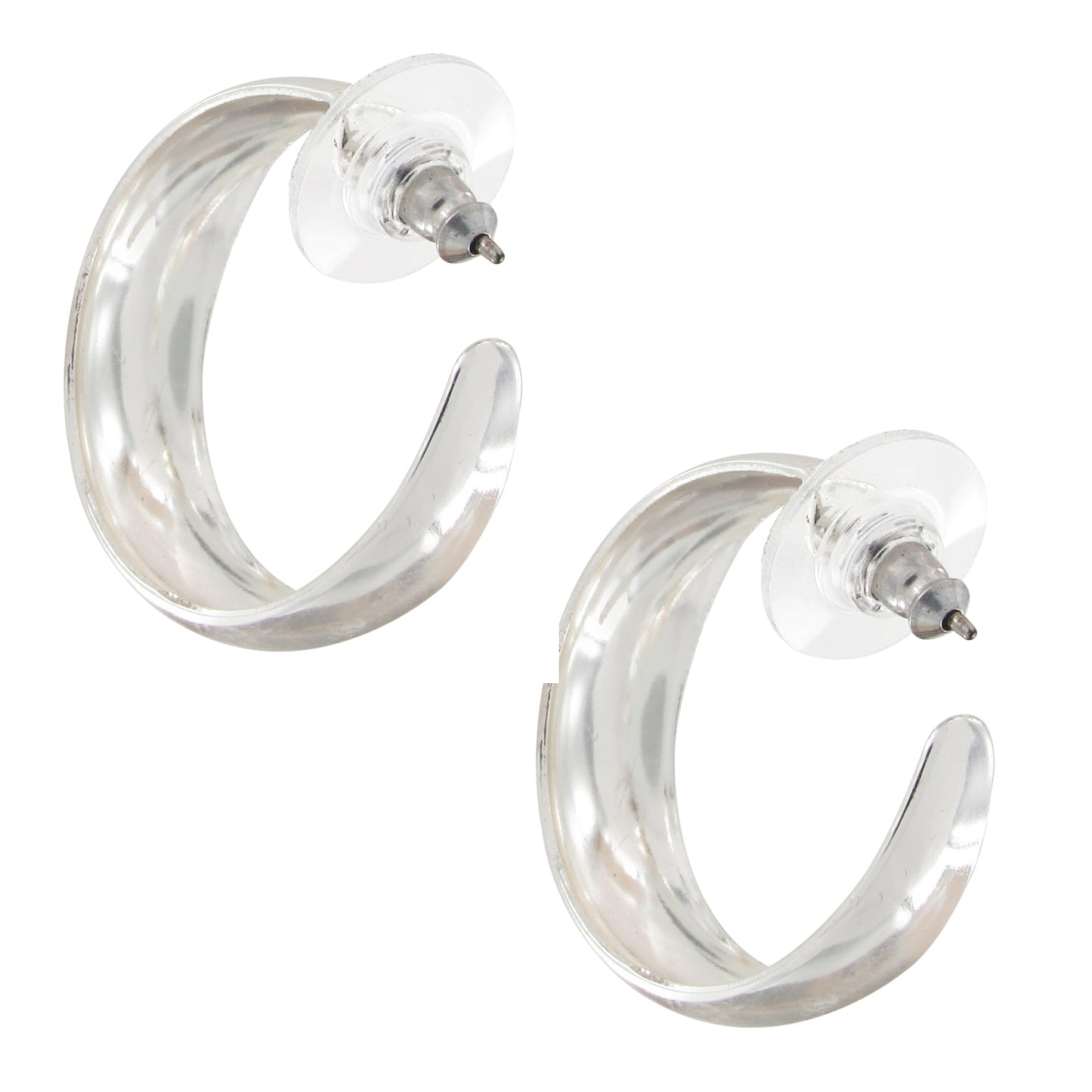 Classic Silver Tone 1" Hoop Pierced Earrings - Plain Half Round Lightweight