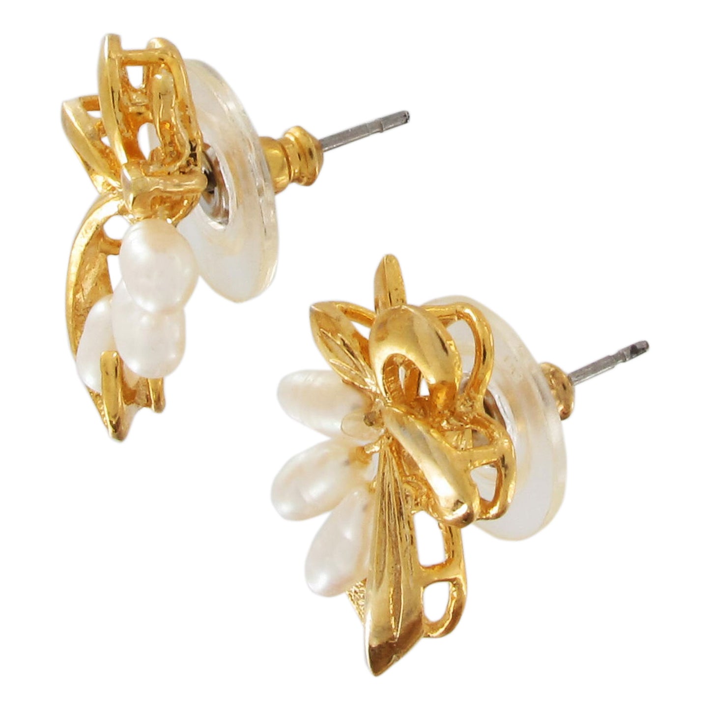 Gold Tone Faux Pearl Gold Tone Ribbon Stud Pierced Earrings