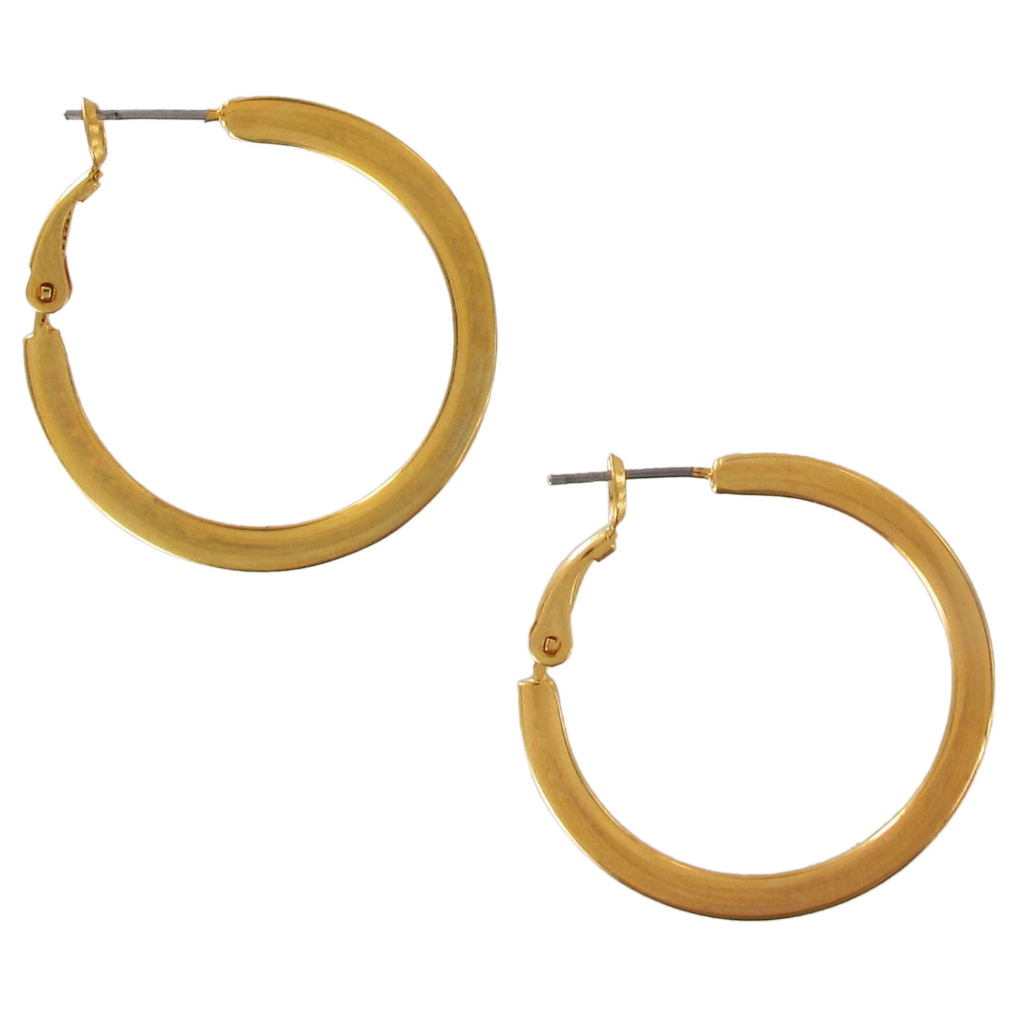 Gold Tone Solid Flat Hoop Latch Back Earrings 1 1/4"