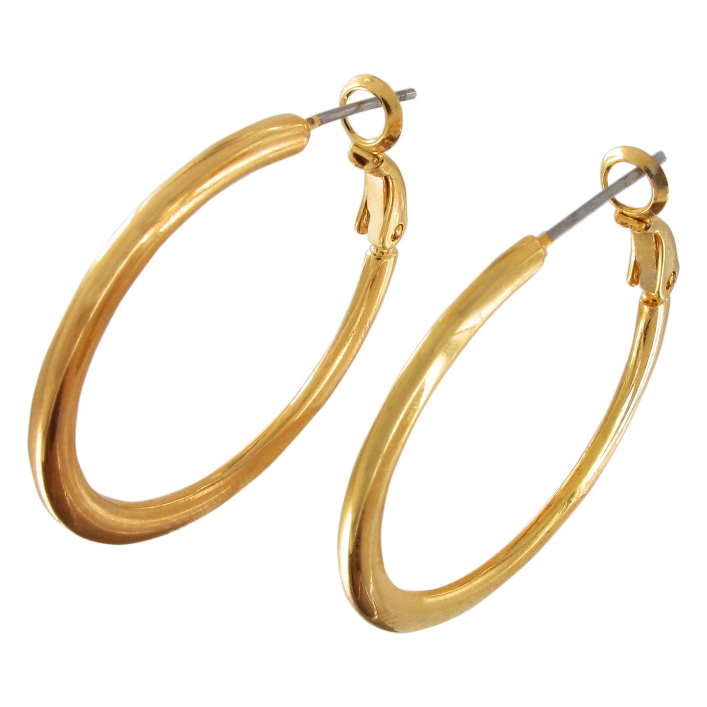 Gold Tone Solid Flat Hoop Latch Back Earrings 1 1/4"