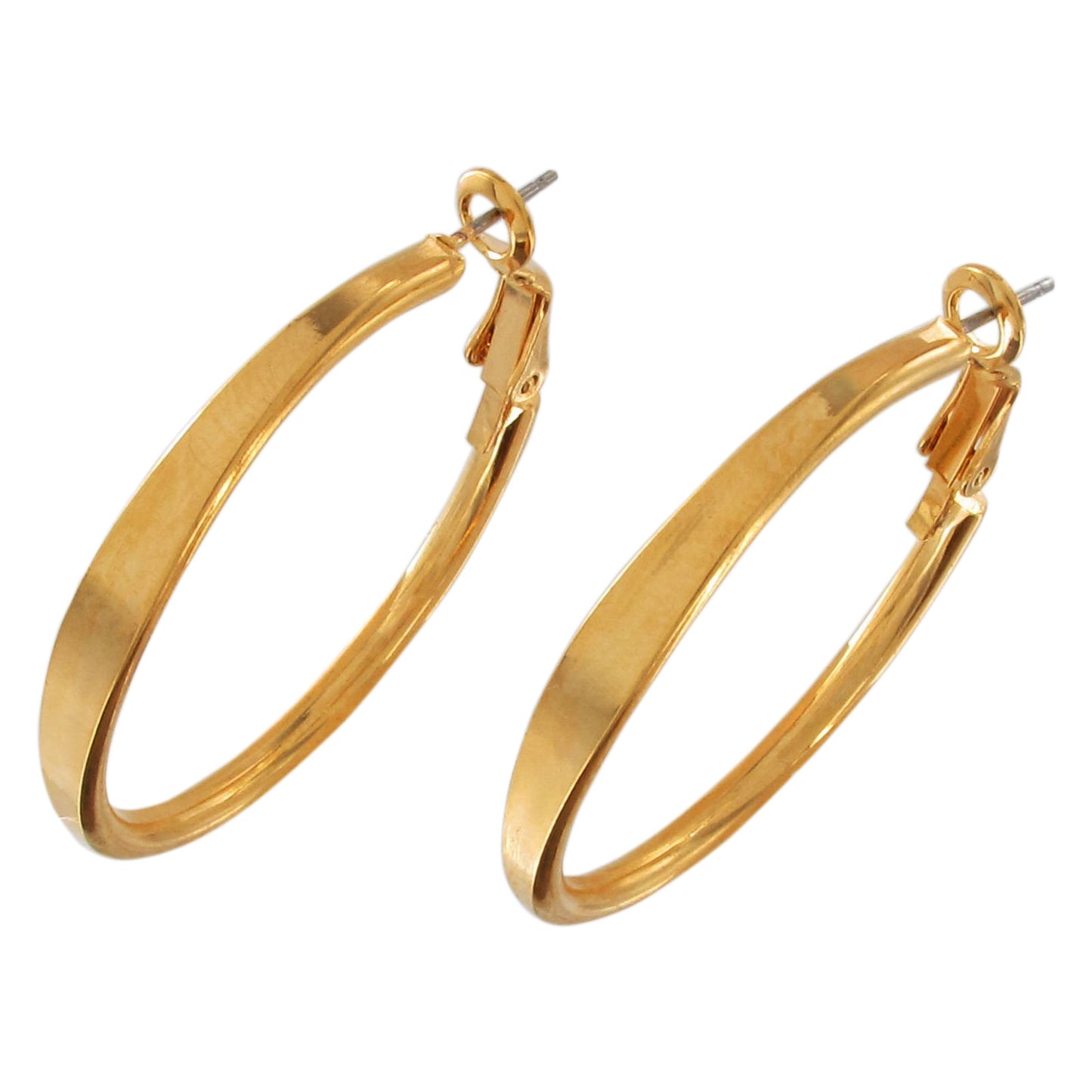 Gold Tone Solid Flat Hoop Latch Back Earrings 1 7/16"