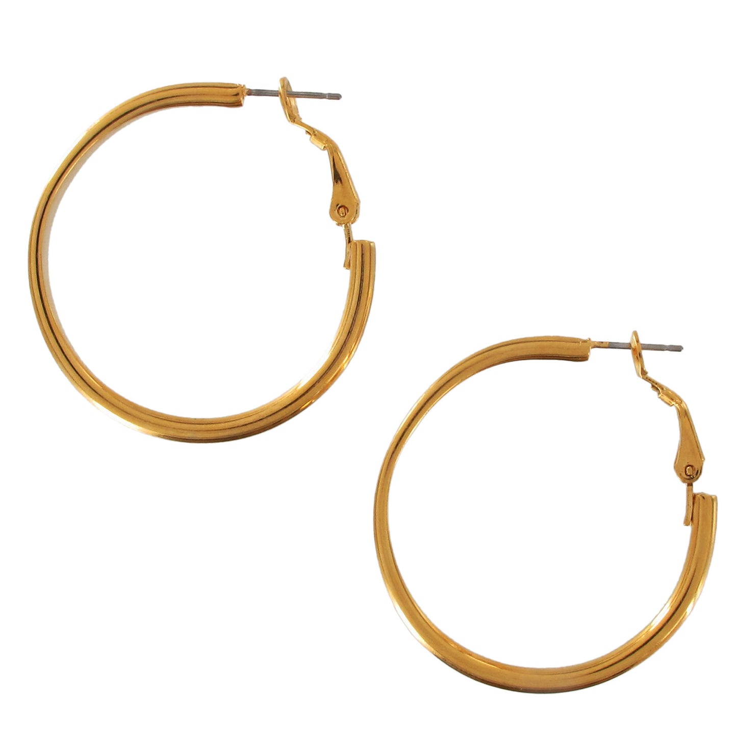Gold Tone Solid Flat Hoop Latch Back Earrings 1 7/16"