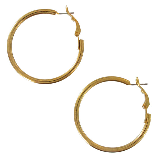 Shiny Gold Tone Solid Hoop Latch Back Earrings 1 1/2"