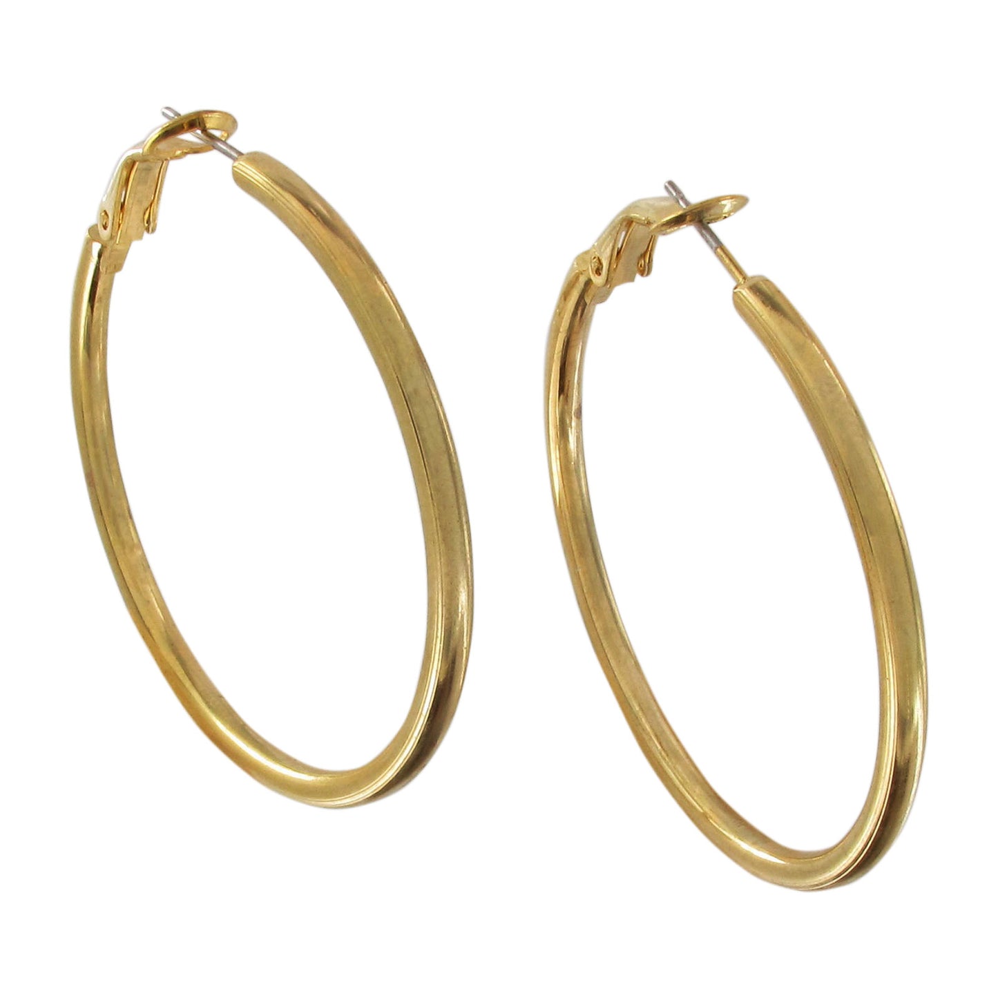 Shiny Gold Tone Solid Hoop Latch Back Earrings 1 11/16"