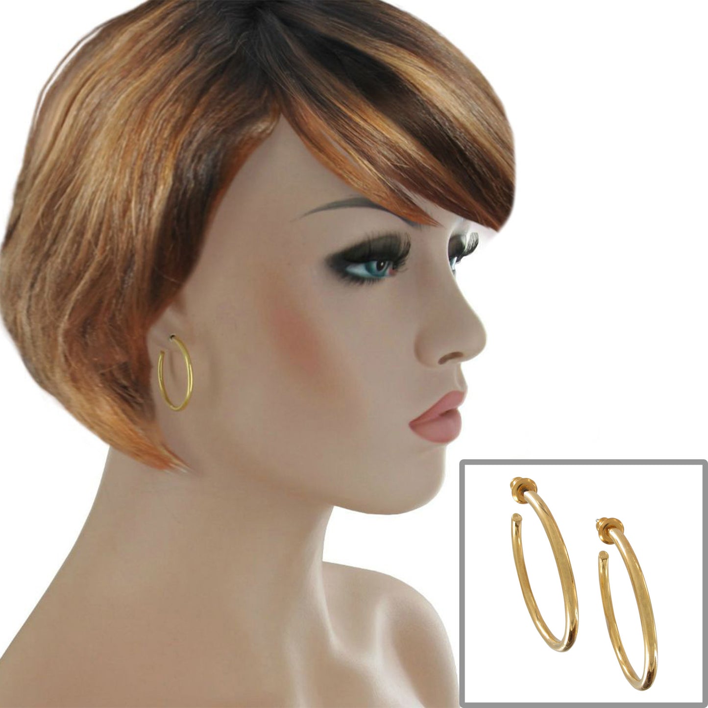Gold Tone Solid Hoop Post and Clutch Earrings 1 1/8" Wire Size 2mm