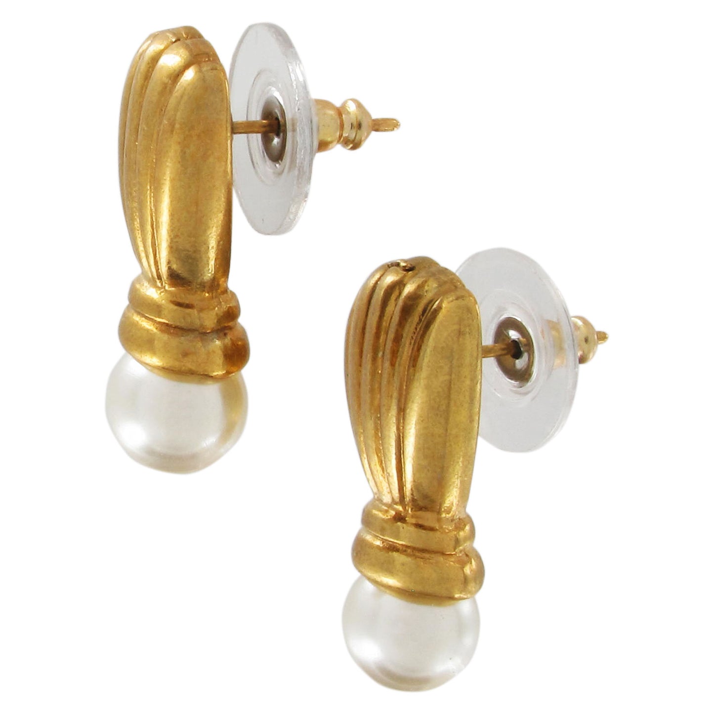Vintage Gold Tone Faux Pearl Fanned Small Dangle Pierced Earrings 7mm